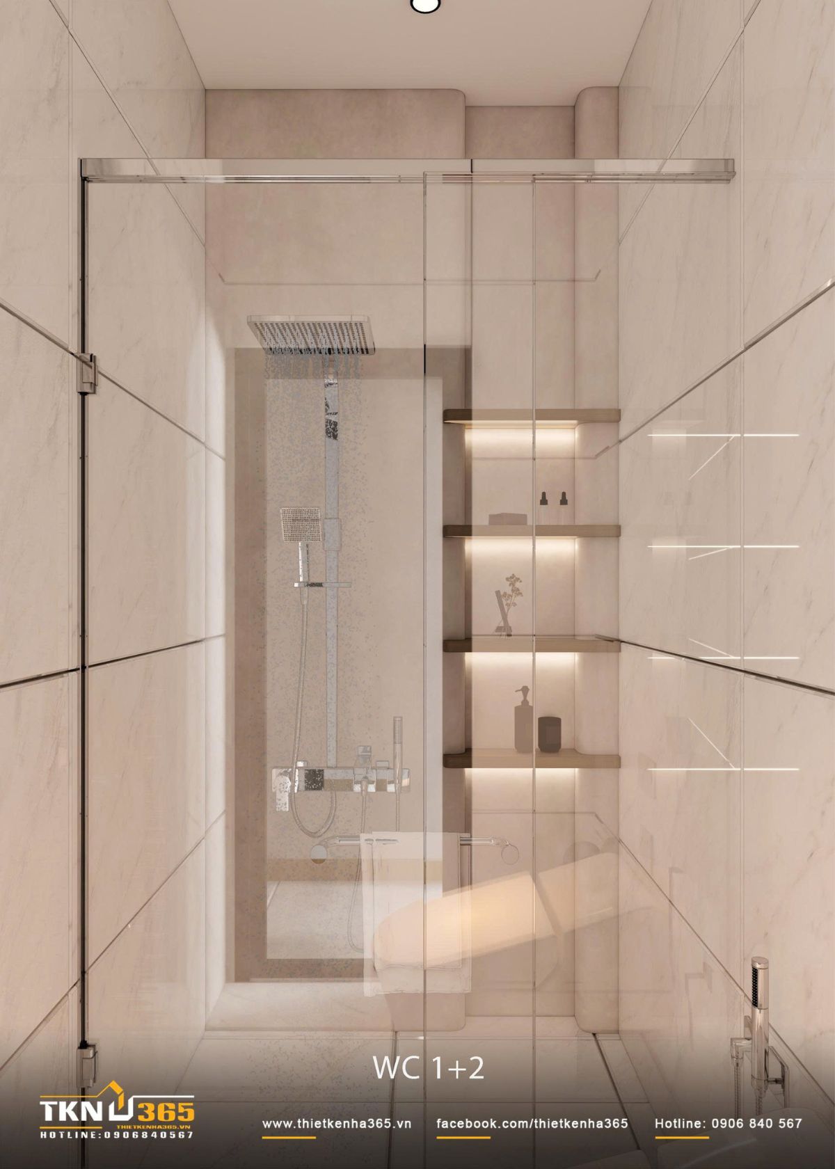 Nhà phố 2 tầng 6x10m ở Bình Dương gom những điều thân thuộc vào một mái nhà 41 Các kệ âm bố trí ngay trong khu tắm kết hợp đèn hắt, tạo chỗ đặt vật dụng thường dùng mà không cần bổ sung thêm tủ kệ cồng kềnh