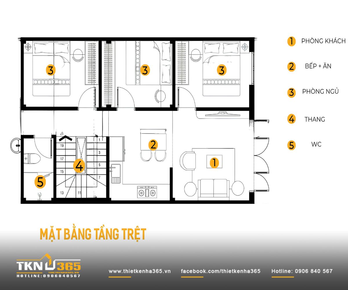 Nhà phố 2 tầng 6x10m ở Bình Dương gom những điều thân thuộc vào một mái nhà 5 Mặt bằng tầng trệt nhà phố 2 tầng 6x10m bố trí phòng khách, bếp ăn và 3 phòng ngủ, với cầu thang cùng WC được gom về một phía để sử dụng diện tích hiệu quả