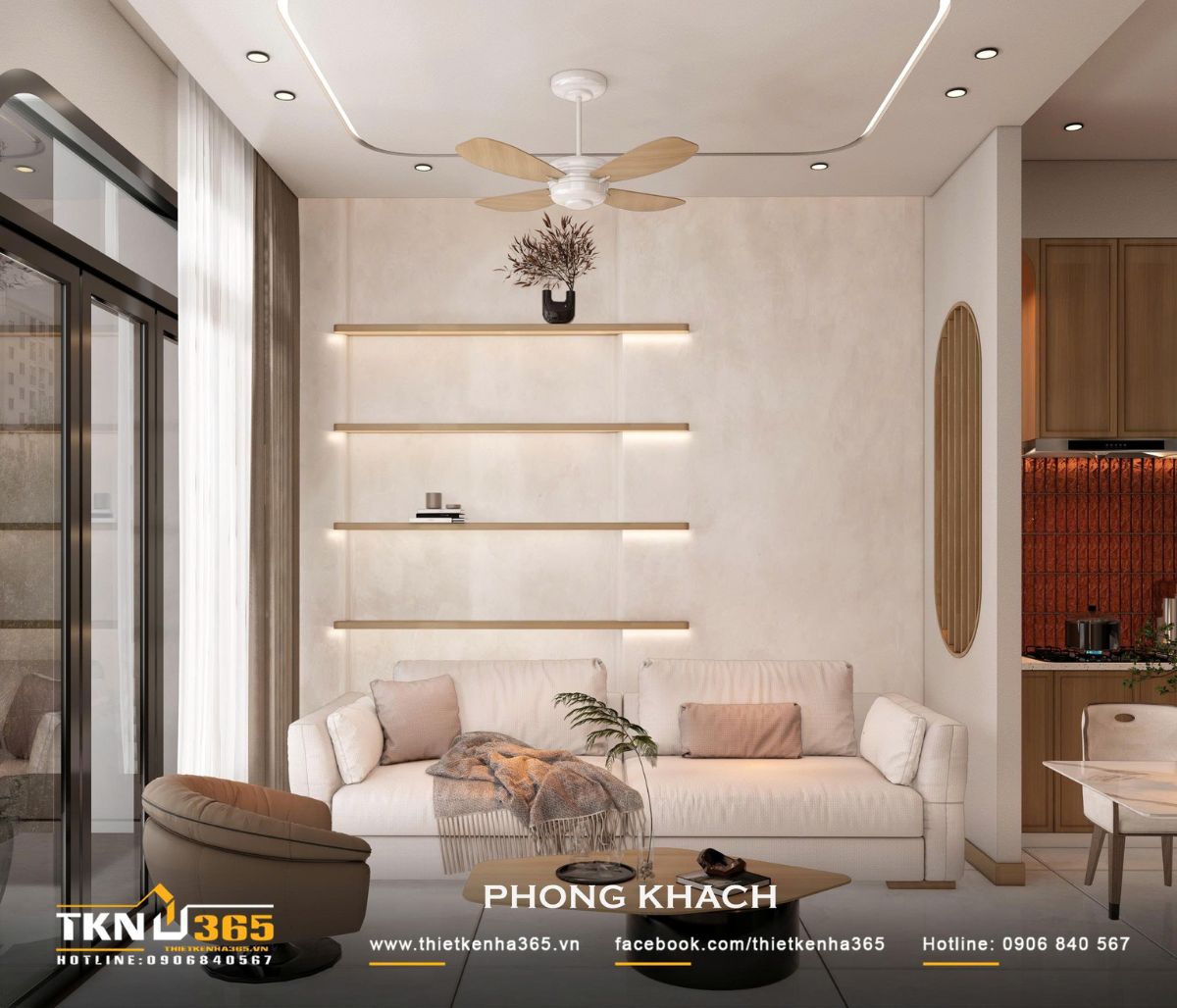 Nhà phố 2 tầng 6x10m ở Bình Dương gom những điều thân thuộc vào một mái nhà 7 Phòng khách nhà phố 2 tầng sử dụng bảng màu trắng kem và gỗ sáng, tạo cảm giác nhẹ nhàng cho khu vực sinh hoạt chung