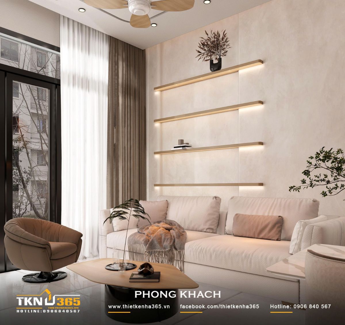 Nhà phố 2 tầng 6x10m ở Bình Dương gom những điều thân thuộc vào một mái nhà 8 Sofa sáng màu kết hợp ghế đơn và bàn trà gỗ bo cong tạo thành cụm ngồi gọn gàng, phù hợp với diện tích phòng khách
