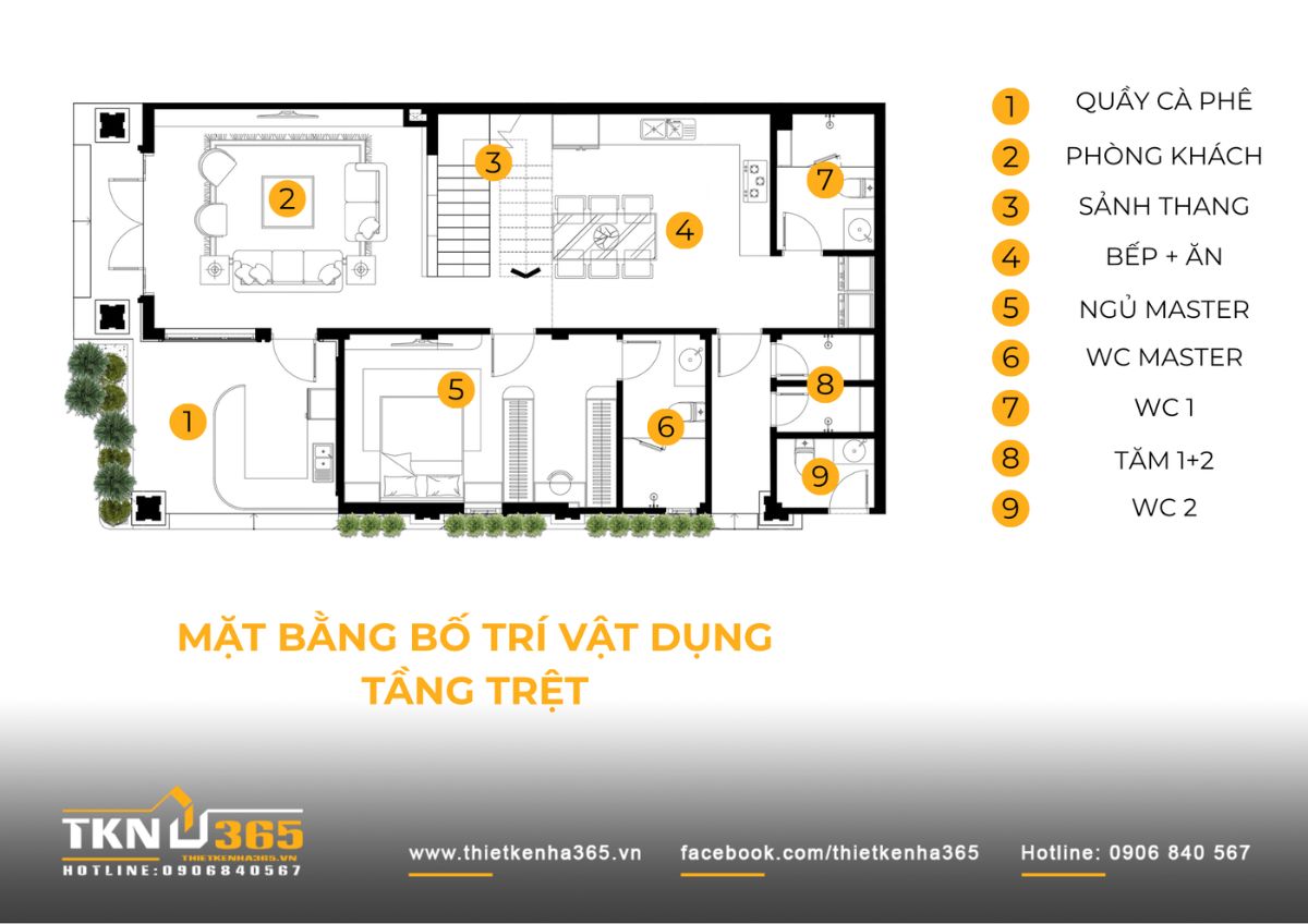 Mặt bằng tầng trệt nhà phố 2 tầng bố trí quầy cà phê, phòng khách, bếp - ăn và phòng ngủ master có WC riêng