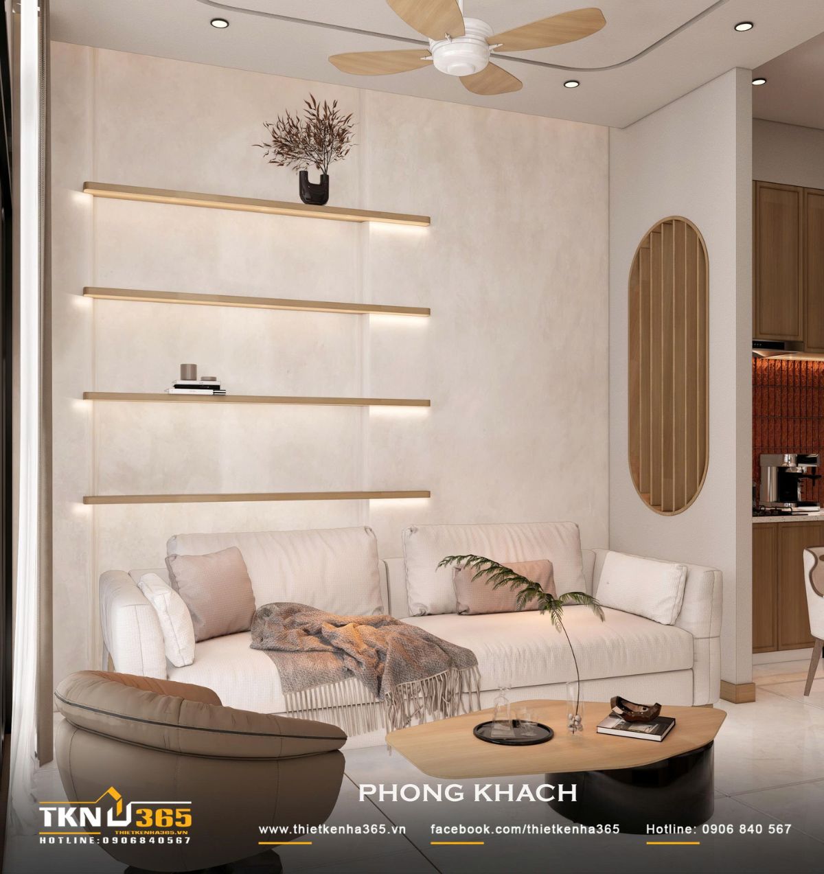 Nhà phố 2 tầng 6x10m ở Bình Dương gom những điều thân thuộc vào một mái nhà 9 Các kệ gỗ thanh mảnh tích hợp đèn hắt giúp mảng tường sau sofa có thêm chiều sâu mà không cần nhiều chi tiết trang trí