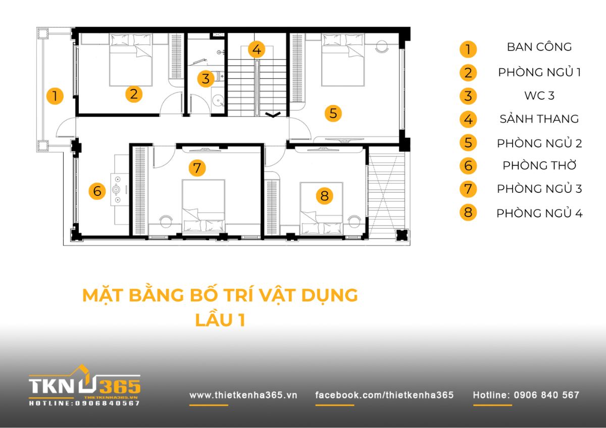 Lầu 1 dành cho 4 phòng ngủ, phòng thờ và ban công, tạo khu nghỉ ngơi riêng tư cho các thành viên