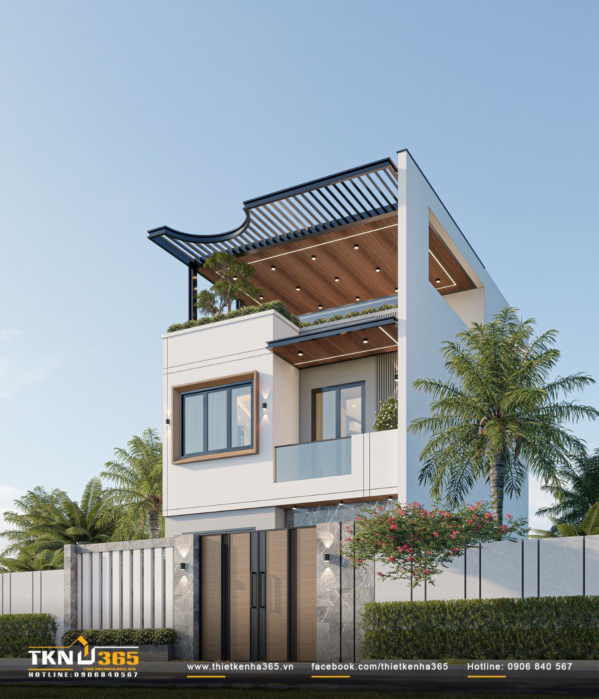 Nhà phố 3 tầng tạo thêm chiều sâu cho mặt tiền bằng ban công lùi, mái đua ốp gỗ và các đường lam đứng, đồng thời bổ sung cây xanh ở từng cao độ