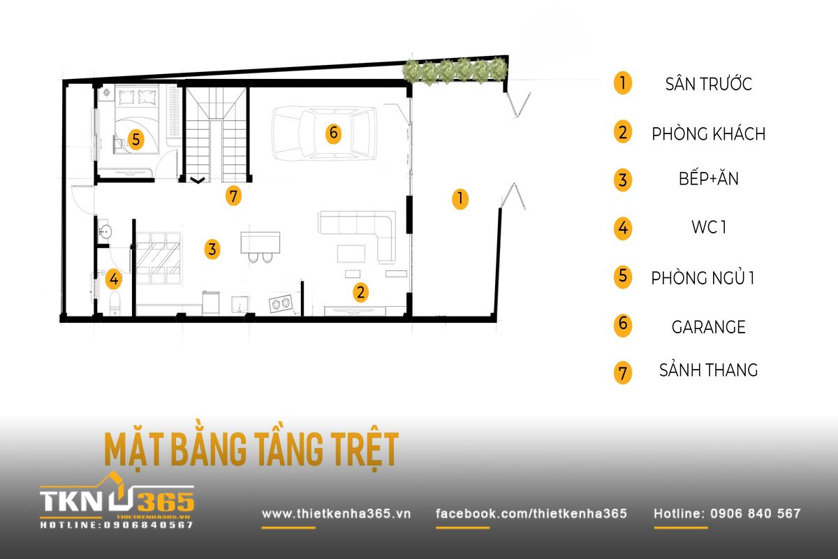 Mặt bằng tầng trệt nhà phố 3 tầng bố trí sân trước, gara, phòng khách, bếp ăn và một phòng ngủ, đáp ứng các nhu cầu sinh hoạt thường xuyên trên cùng mặt sàn