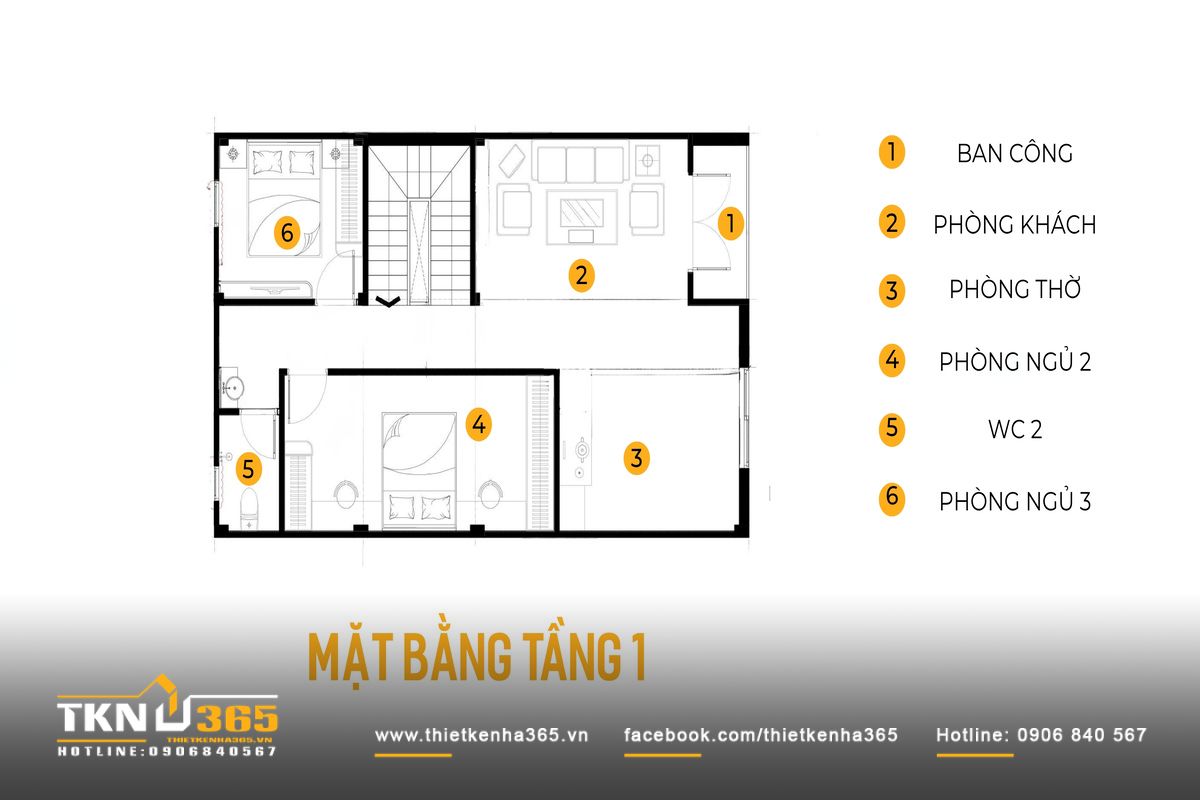 Tầng một nhà phố 3 tầng dành cho hai phòng ngủ, phòng khách thứ hai, phòng thờ và ban công, tạo thêm những khoảng sinh hoạt riêng tư cho gia đình