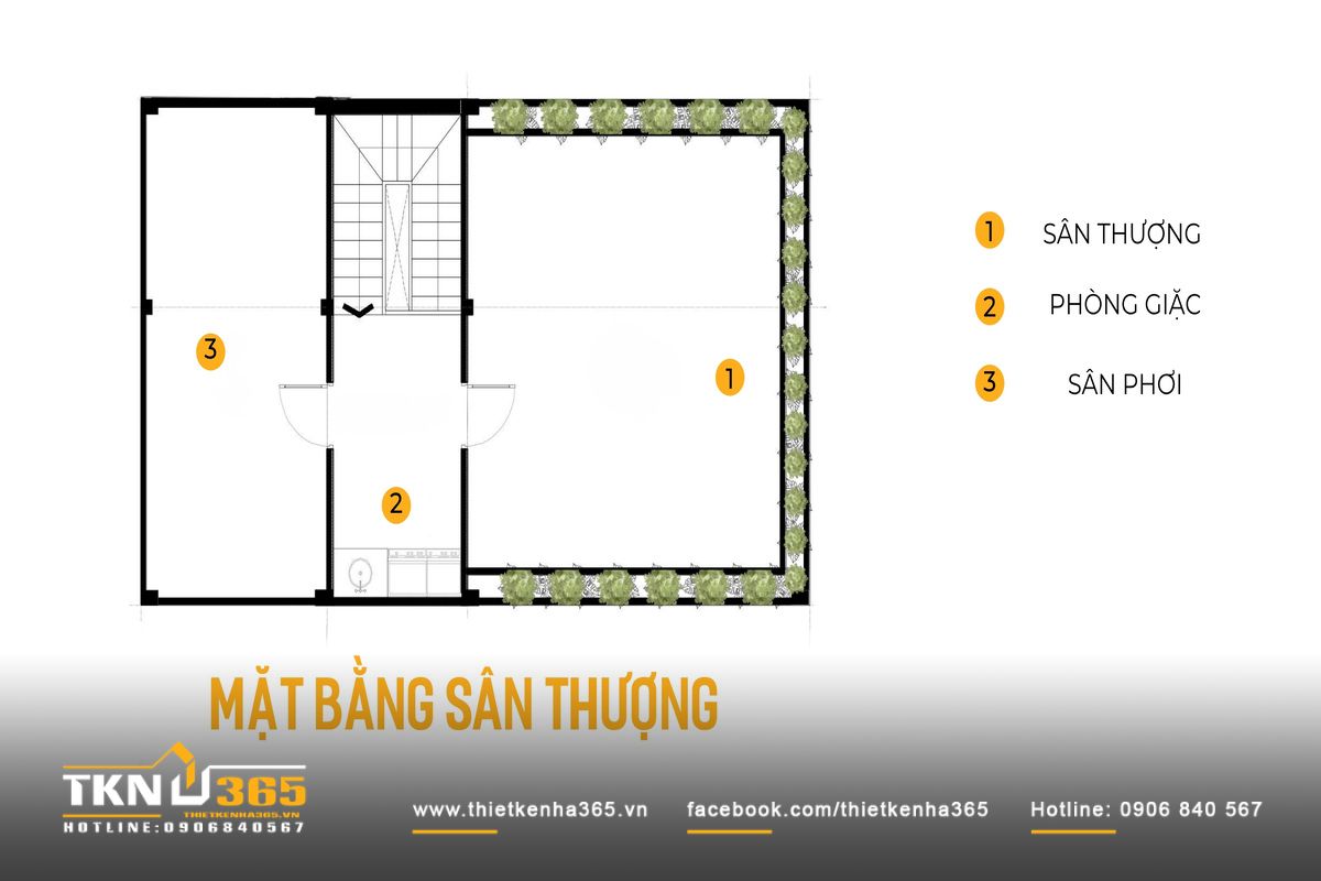 Tầng trên cùng của nhà phố 3 tầng ưu tiên sân thượng rộng kết hợp phòng giặt và sân phơi, dành nhiều diện tích hơn cho cây xanh và các hoạt động ngoài trời