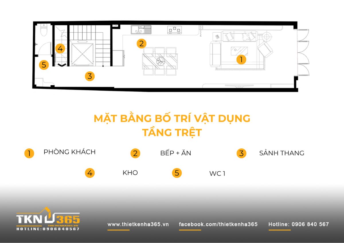 Nhà phố 5 tầng 4x15m ở Phú Nhuận đưa không gian riêng lên cao để tầng trệt rộng hơn 4 Mặt bằng tầng trệt nhà phố 5 tầng dành phần lớn diện tích cho phòng khách và bếp ăn liên thông, không bố trí phòng ngủ