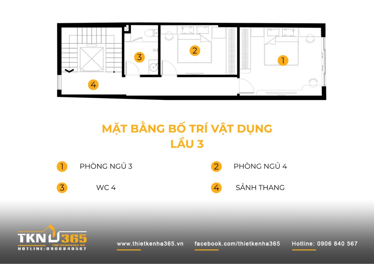 Nhà phố 5 tầng 4x15m ở Phú Nhuận đưa không gian riêng lên cao để tầng trệt rộng hơn 7 Lầu 3 nhà phố 5 tầng bố trí hai phòng ngủ sử dụng chung WC, hoàn thiện tổng cộng 4 phòng ngủ cho gia đình