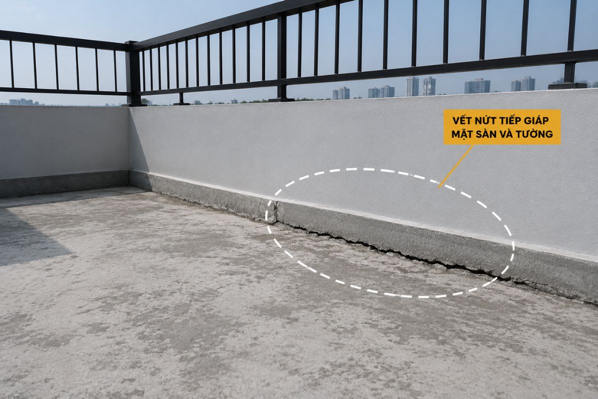 Chống thấm chân tường sân thượng cần đặc biệt chú ý vị trí tiếp giáp sàn - tường, nơi dễ xuất hiện khe nứt và thấm nước (Ảnh: Sưu tầm)