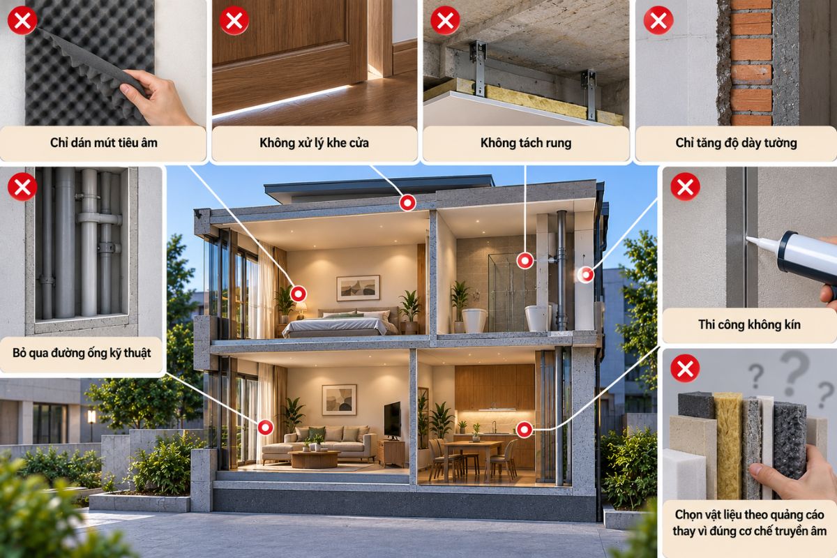 Giải Pháp Cách Âm Chống Ồn Nhà Ở Hiệu Quả Theo Từng Nguồn Tiếng Ồn 13 Chỉ dán foam, tăng độ dày tường hoặc bỏ qua khe cửa là những lỗi phổ biến khiến cách âm chống ồn nhà ở tốn chi phí nhưng hiệu quả thấp (Ảnh: Sưu tầm)