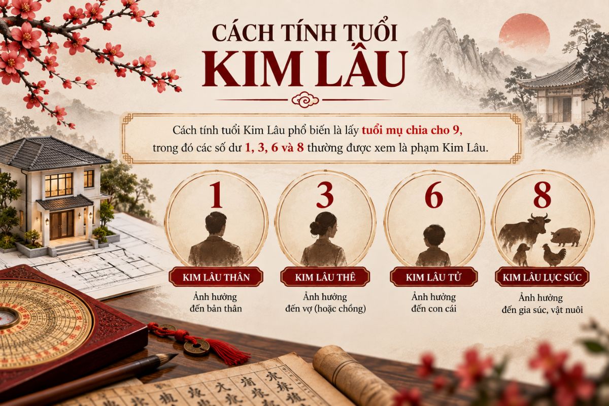 Kim Lâu Là Gì? Cách Tính Tuổi Kim Lâu Và Cách Hiểu Đúng Khi Làm Nhà, Cưới Hỏi 4 Cách tính tuổi Kim Lâu phổ biến là lấy tuổi mụ chia cho 9, trong đó các số dư 1, 3, 6 và 8 thường được xem là phạm Kim Lâu (Ảnh: Sưu tầm)
