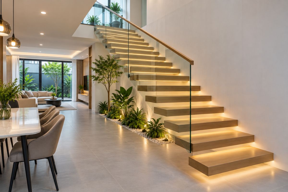 99+ Mẫu Cầu Thang Đẹp, Hiện Đại Và Tối Ưu Không Gian Nhà Ở 7 Mẫu cầu thang bay hiện đại hạn chế che chắn tầm nhìn, tạo cảm giác nhẹ nhàng và thông thoáng (Ảnh: Sưu tầm)