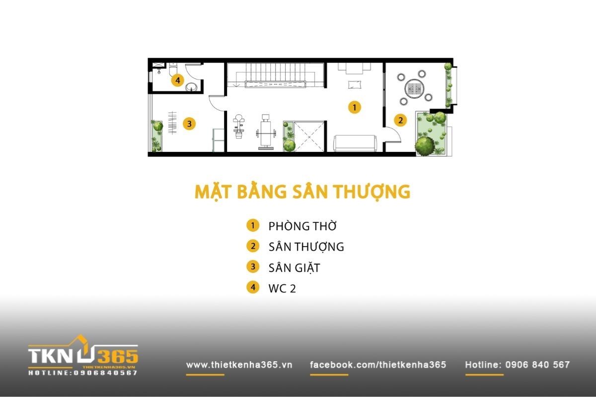 Bản vẽ nhà 1 trệt 2 lầu 5x20 với khu vực lầu 2 dành cho phòng thờ và sân thượng rộng thoáng