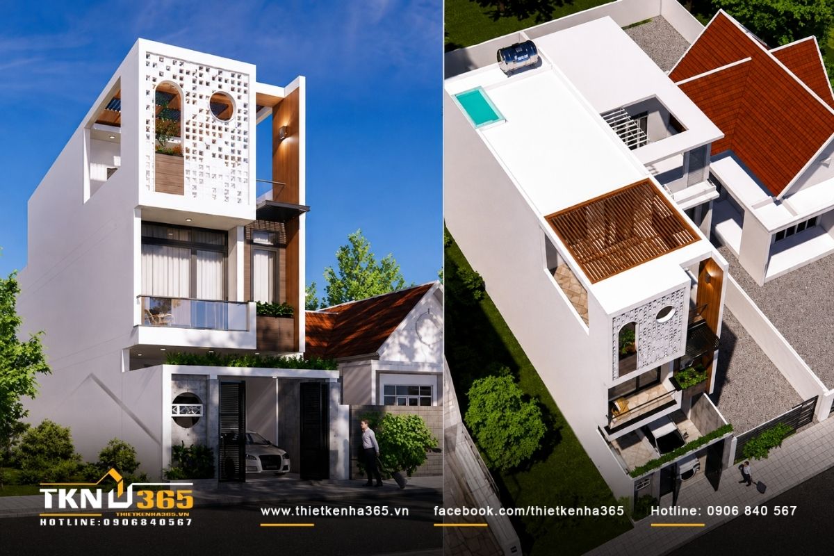 Mẫu nhà 1 trệt 2 lầu 5x20m đẹp bố trí giếng trời để lấy sáng, thúc đẩy thông gió tự nhiên