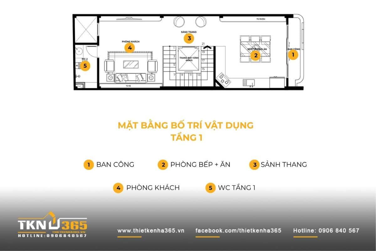 Mặt bằng nhà 1 trệt 4 lầu nên được phân chia từ không gian công cộng ở tầng thấp đến khu vực nghỉ ngơi và riêng tư ở các tầng cao