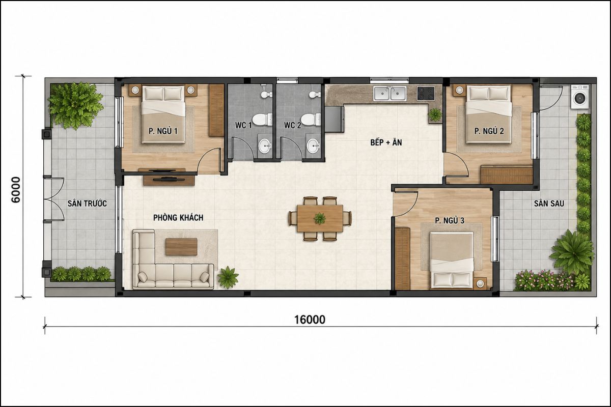 50+ Mẫu Nhà 6x16m Đẹp, Hiện Đại Và Tối Ưu Công Năng 17 Bản vẽ mặt bằng nhà 1 tầng 6x16m (Ảnh: Sưu tầm)