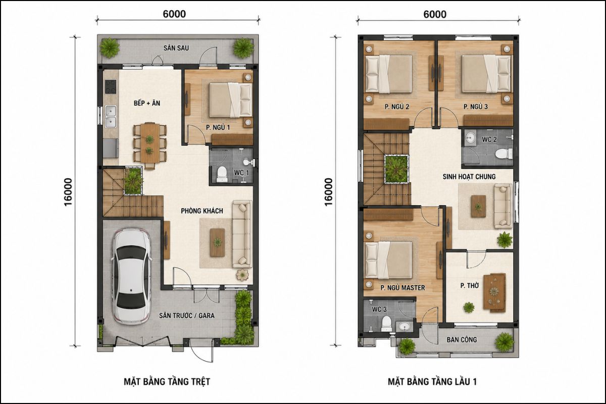 50+ Mẫu Nhà 6x16m Đẹp, Hiện Đại Và Tối Ưu Công Năng 18 Bản vẽ mặt bằng nhà 1 trệt 1 lầu 6x16m (Ảnh: Sưu tầm)