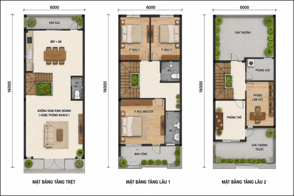 50+ Mẫu Nhà 6x16m Đẹp, Hiện Đại Và Tối Ưu Công Năng 19 Thiết kế nhà 6x16 3 tầng có thể phân tầng công năng rõ ràng với khu chung, phòng ngủ, phòng thờ và sân thượng riêng biệt (Ảnh: Sưu tầm)