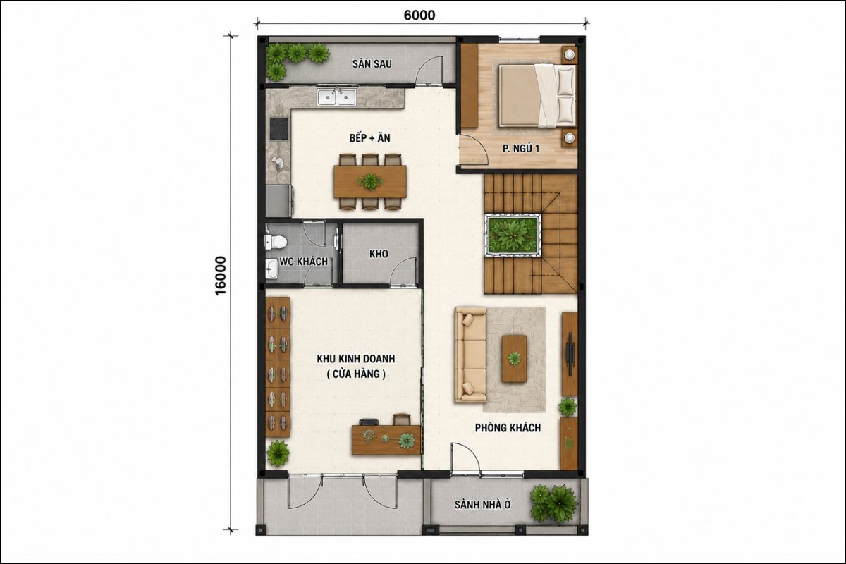 50+ Mẫu Nhà 6x16m Đẹp, Hiện Đại Và Tối Ưu Công Năng 20 Nhà phố 6x16m kết hợp kinh doanh nên tách lối cửa hàng và lối sinh hoạt để đảm bảo riêng tư, thuận tiện và hạn chế xung đột giao thông (Ảnh: Sưu tầm)