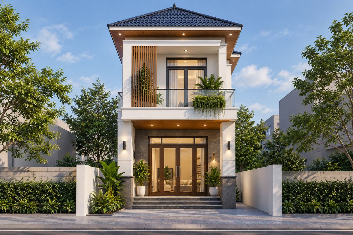Nhà 2 tầng mái Nhật mặt tiền 5m tạo cảm giác thanh lịch, cân đối nhờ hệ mái dốc nhẹ kết hợp hình khối kiến trúc hiện đại (Ảnh: Sưu tầm)