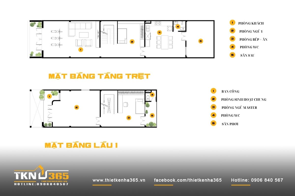 Bố trí công năng nhà mặt tiền 5m cần cân đối giữa phòng khách, bếp, phòng ngủ, cầu thang và khoảng thông thoáng để sử dụng thuận tiện lâu dài