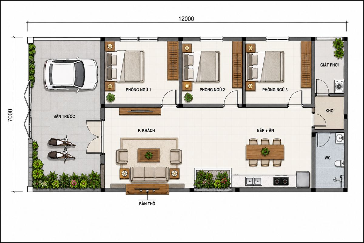 50+ Mẫu Thiết Kế Nhà 7x12 Đẹp, Hiện Đại Và Tối Ưu Công Năng 15 Mặt bằng nhà 7x12 1 tầng có thể bố trí phòng khách, bếp ăn, 3 phòng ngủ và khoảng sân thoáng trên diện tích 84m2 (Ảnh: Sưu tầm)