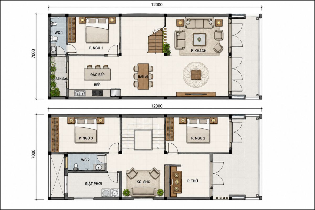 50+ Mẫu Thiết Kế Nhà 7x12 Đẹp, Hiện Đại Và Tối Ưu Công Năng 16 Mẫu nhà 7x12 1 trệt 1 lầu dễ bố trí 3 - 4 phòng ngủ cùng phòng thờ, ban công và các không gian sinh hoạt chung (Ảnh: Sưu tầm)