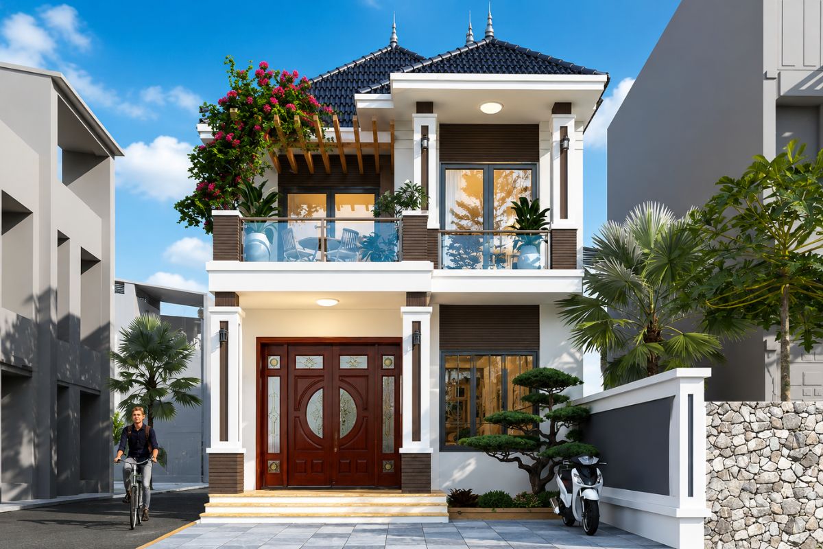 50+ Mẫu Thiết Kế Nhà 7x12 Đẹp, Hiện Đại Và Tối Ưu Công Năng 7 Mẫu nhà đẹp 7x12m mái Nhật tạo cảm giác cân đối, bề thế và phù hợp với cả kiến trúc hiện đại lẫn tân cổ điển nhẹ (Ảnh: Sưu tầm)