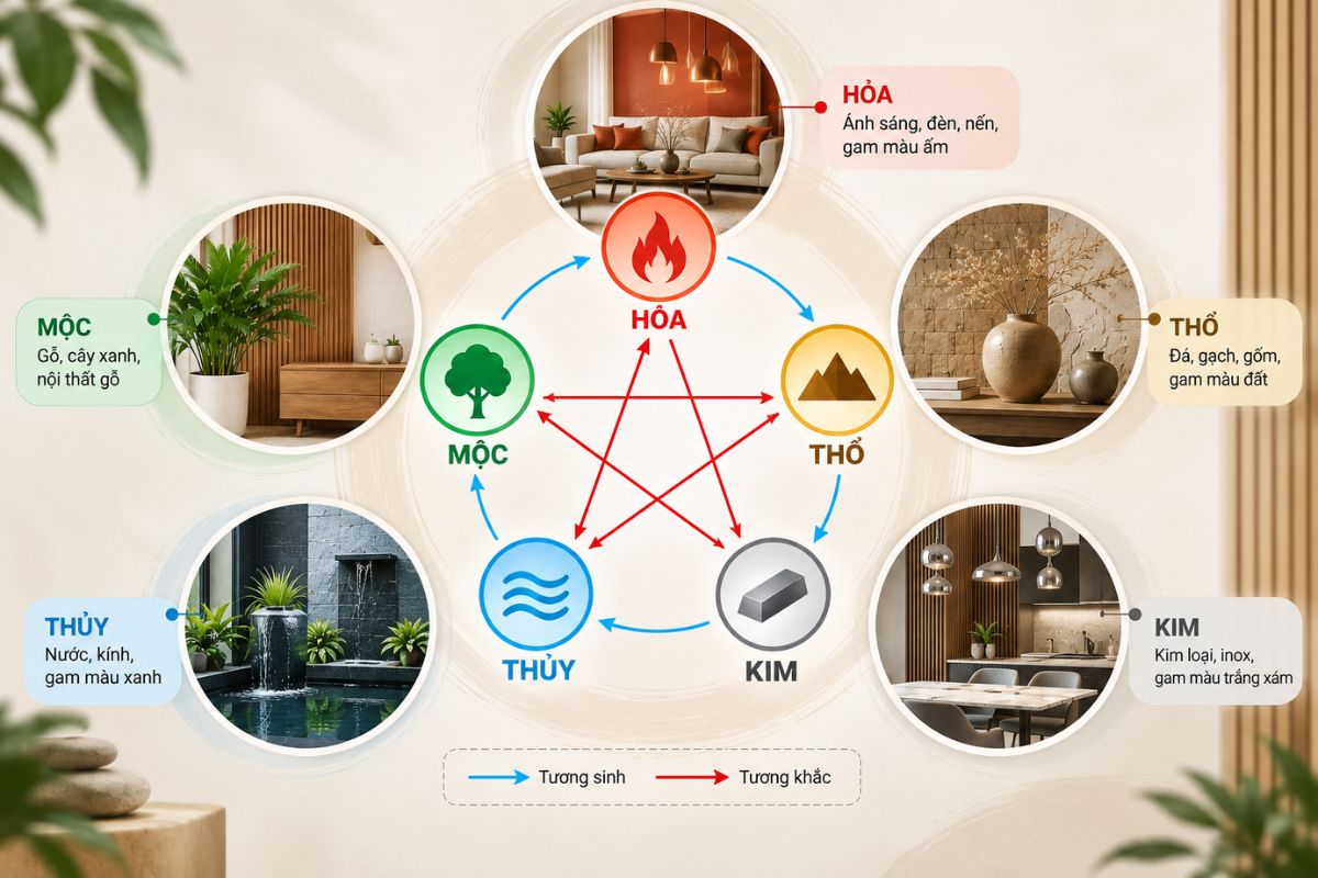 Ngũ hành tương sinh và ngũ hành tương khắc cùng góp phần duy trì sự cân bằng của không gian sống (Ảnh: Sưu tầm)