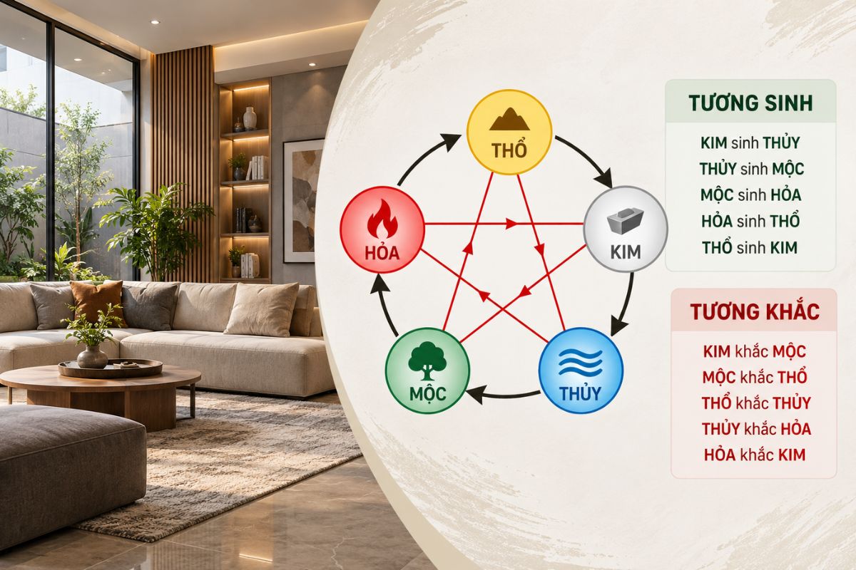 Ngũ hành tương sinh trong phong thủy nhà ở hướng đến sự hỗ trợ và cân bằng giữa Kim - Mộc - Thủy - Hỏa - Thổ (Ảnh: Sưu tầm)