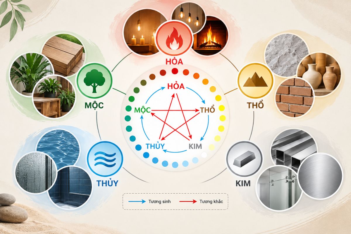 Vật liệu theo ngũ hành thường quy chiếu gỗ về Mộc, kim loại về Kim, đá và gốm về Thổ (Ảnh: Sưu tầm)