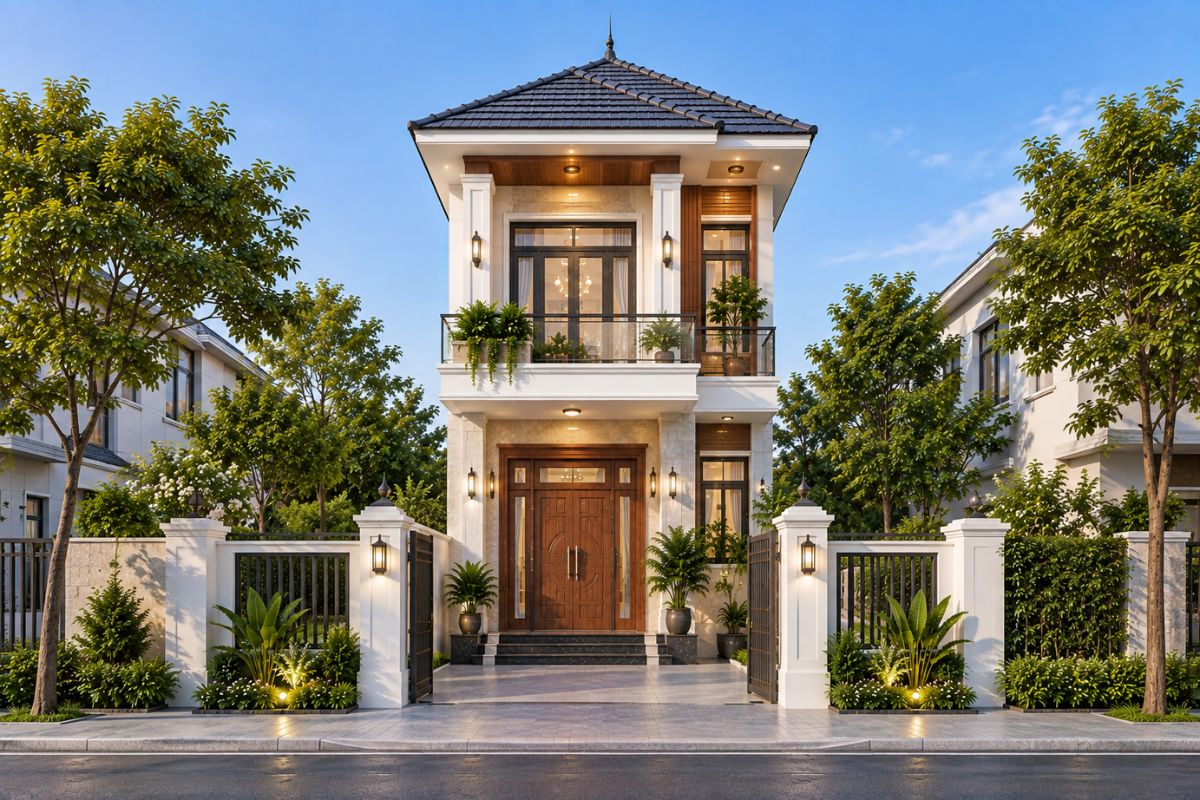 Mẫu nhà 108m2 2 tầng mái Nhật kết hợp hài hòa giữa đường nét truyền thống và hiện đại (Ảnh: Sưu tầm)