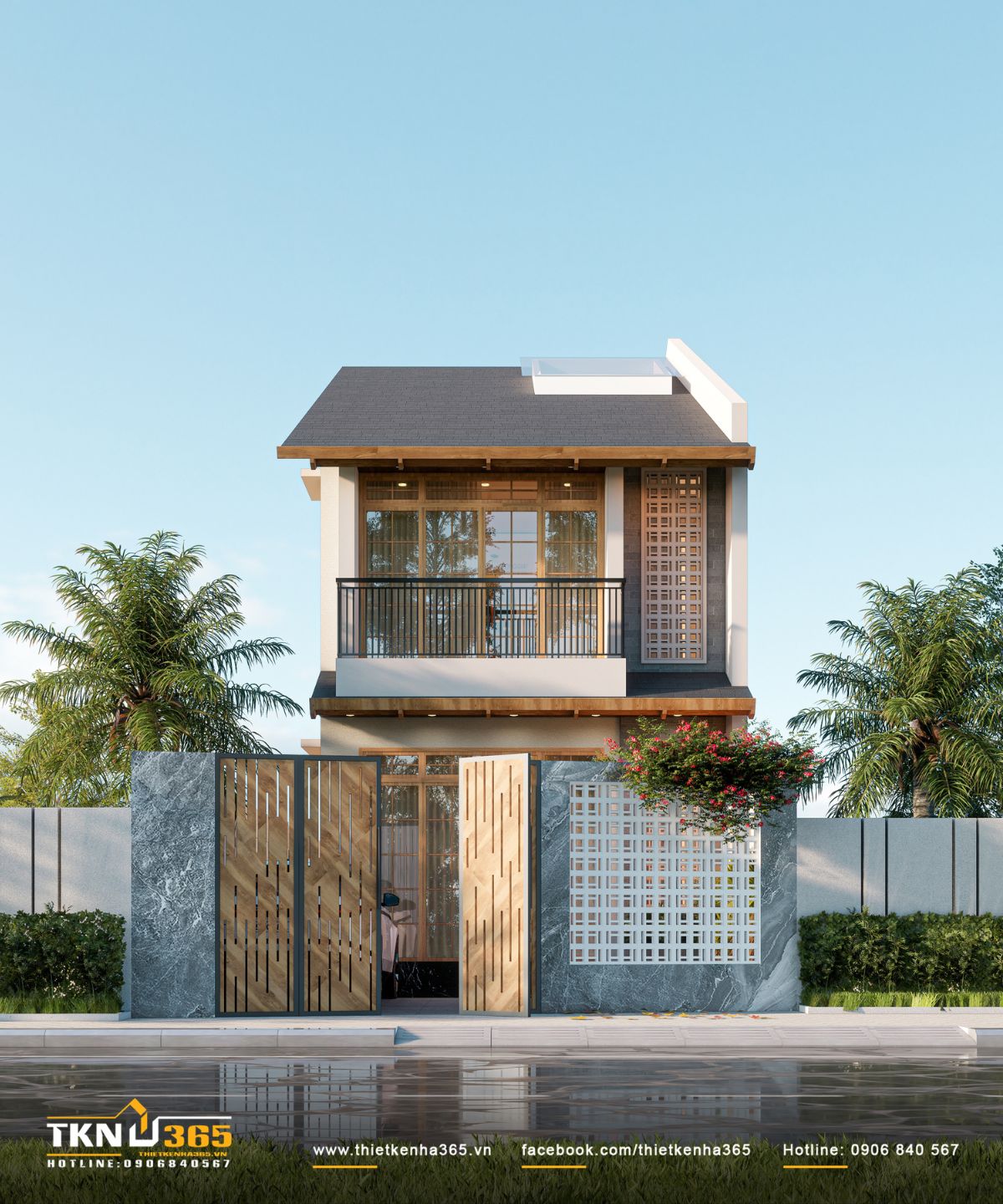 Nhà 2 tầng mặt tiền 6m phân chia hình khối cân đối với vật liệu ốp màu sắc hài hòa