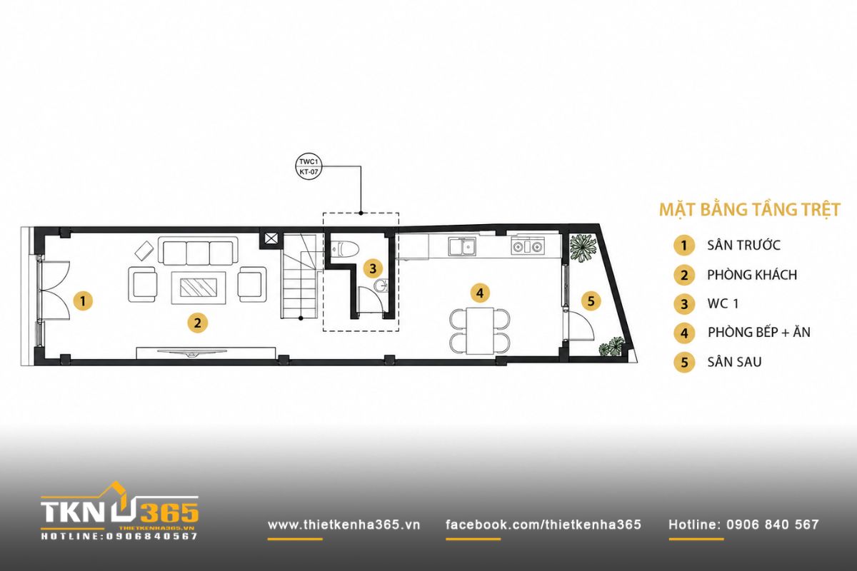 35+ Mẫu Nhà 1 Trệt 2 Lầu 4x20 Đẹp, Hiện Đại Và Tối Ưu Công Năng 9 Bố trí công năng nhà 4x20 với khu vực tầng trệt dành cho gara ô tô và không gian sinh hoạt chung