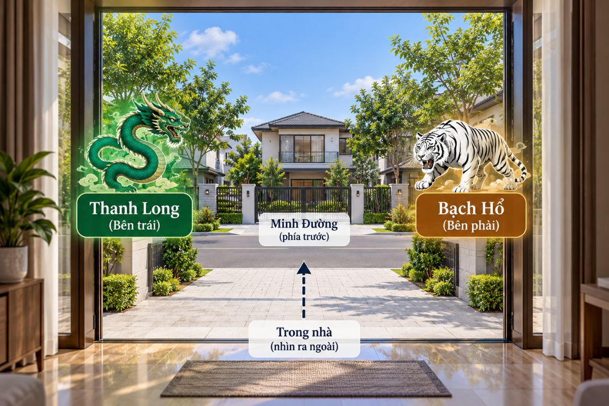 Tả Thanh Long Hữu Bạch Hổ Trong Kiến Trúc Và Xây Dựng Nhà Ở: Ý Nghĩa Và Cách Ứng Dụng 3 Theo quan niệm phong thủy truyền thống, cách xác định bên Thanh Long Bạch Hổ chính xác cần lựa chọn vị trí đứng từ trong nhà nhìn ra phía mặt tiền (Ảnh: Sưu tầm)