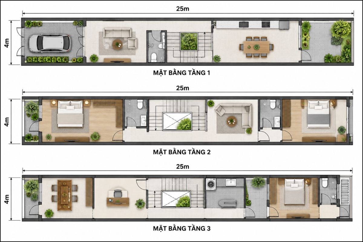 Thiết Kế Nhà Ống Rộng 4m Dài 25m: Mặt Bằng Đẹp, Thoáng Và Tối Ưu Công Năng 13 Dù bố trí 3 hay 4 phòng ngủ, mặt bằng nhà 4x25 vẫn cần đảm bảo phòng giữa tiếp cận được giếng trời, sân giữa hoặc khoảng thông tầng (Ảnh: Sưu tầm)