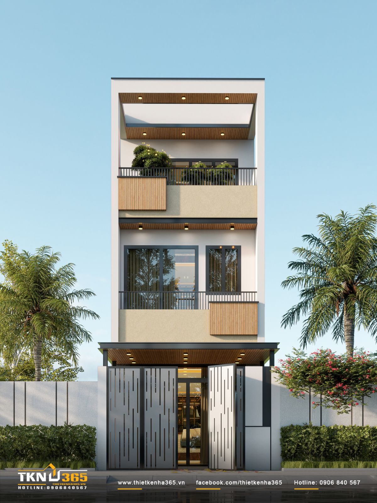 Nhà phố 3 tầng B’S House giữ sự riêng tư trong từng khoảng mở 1 Mặt tiền nhà phố 3 tầng B’S House rộng 4,8m sử dụng hình khối vuông vức, kết hợp gam trắng, gỗ và lan can kim loại theo phong cách hiện đại