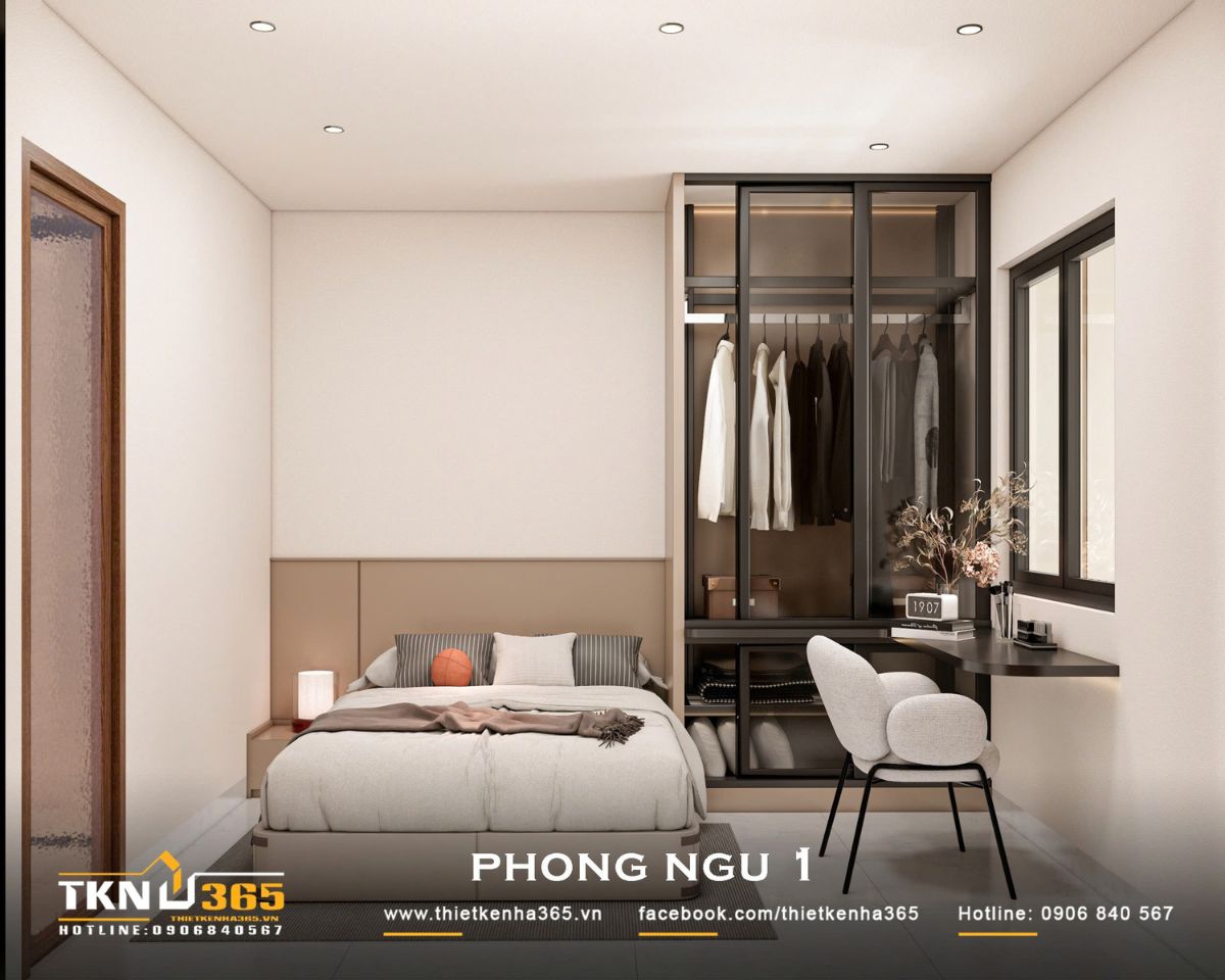 Nhà phố 3 tầng 4,1x14,5m ở Hóc Môn - Gói ghém những mong muốn giản dị trong một mái nhà 11 Phòng ngủ 1 của nhà phố 3 tầng sử dụng gam kem, be nhẹ nhàng, kết hợp tủ quần áo cánh kính và bàn làm việc cạnh cửa sổ để tối ưu diện tích