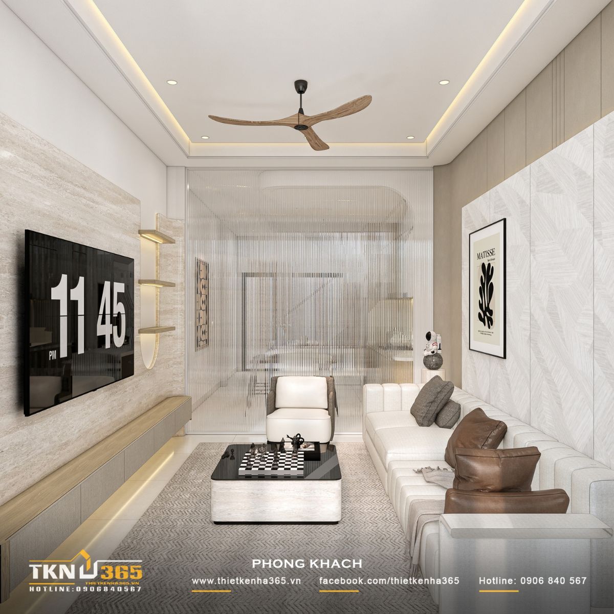 Thiết kế phòng khách nhà phố 3 tầng kết hợp vách ngăn nhẹ giữa khu vực tiếp khách và bếp ăn, tạo sự riêng tư khi cần thiết