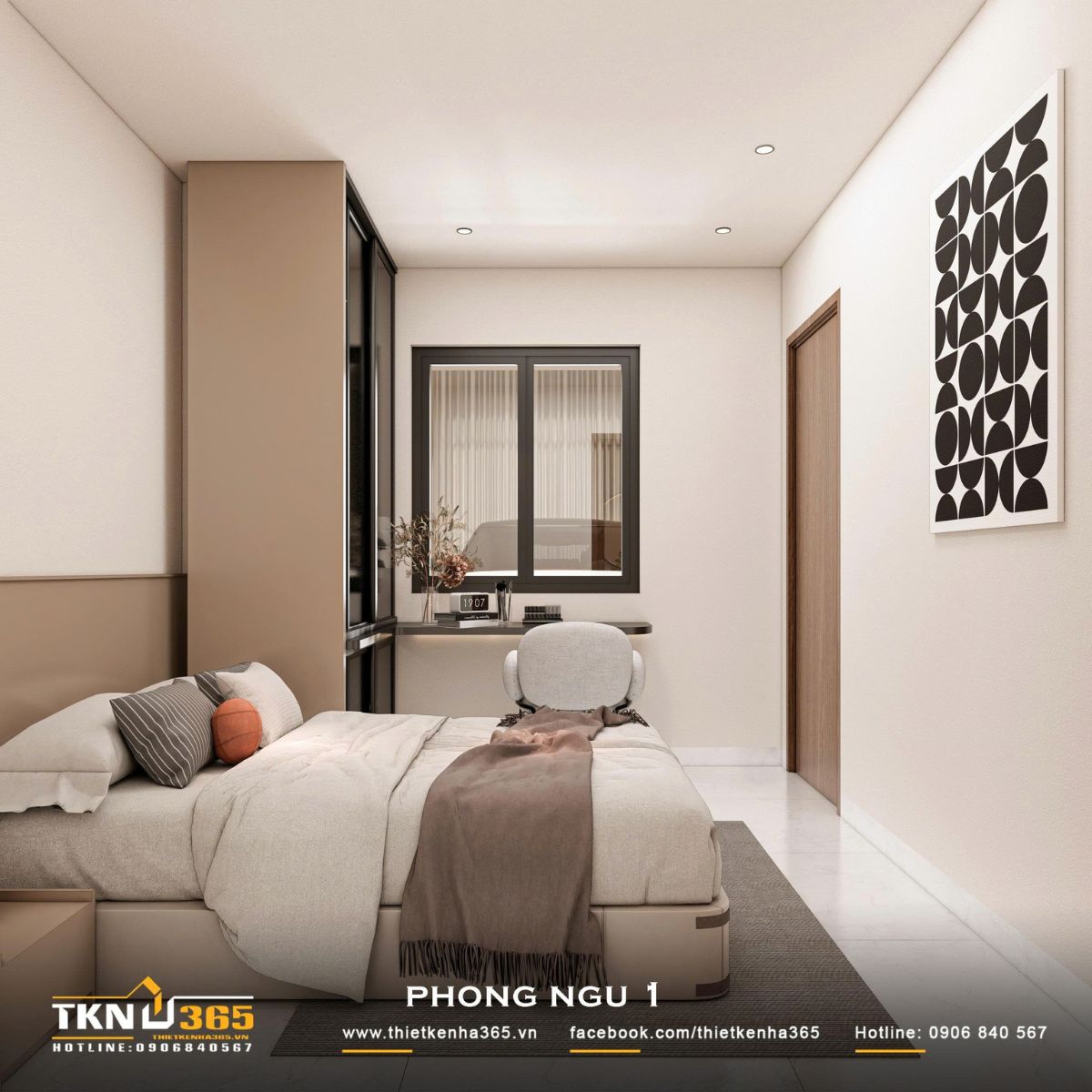 Nhà phố 3 tầng 4,1x14,5m ở Hóc Môn - Gói ghém những mong muốn giản dị trong một mái nhà 12 Giường ngủ đặt sát mảng tường ốp màu be, kết hợp nội thất gọn gàng giúp phòng ngủ nhà phố 3 tầng giữ được khoảng lưu thông thoải mái