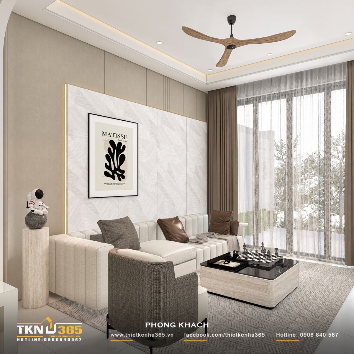 Không gian phòng khách nhà phố 3 tầng mang cảm giác ấm áp với sofa bọc nệm, mảng tường trang trí trung tính và hệ cửa kính đón sáng