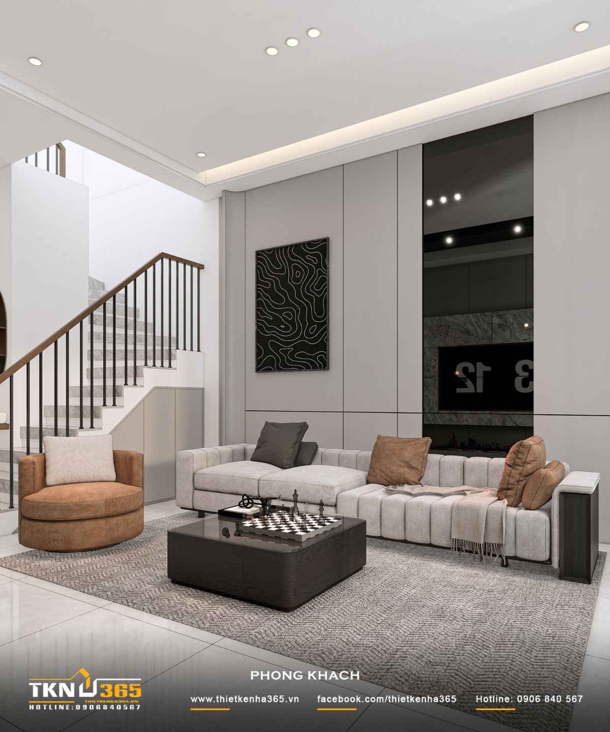 Nhà phố 3 tầng B’S House giữ sự riêng tư trong từng khoảng mở 13 Bộ sofa chữ L kết hợp ghế đơn, bàn trà vuông và thảm trải sàn lớn tạo khu vực trò chuyện gần gũi trong phòng khách nhà phố 3 tầng B’S House