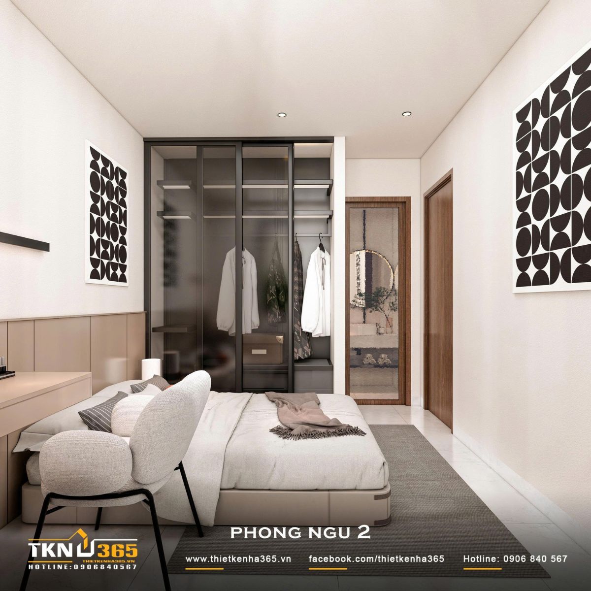 Nhà phố 3 tầng 4,1x14,5m ở Hóc Môn - Gói ghém những mong muốn giản dị trong một mái nhà 14 Hệ tủ quần áo kịch trần với cánh kính tối màu giúp phòng ngủ nhà phố 3 tầng tăng diện tích lưu trữ mà không cần bố trí thêm nhiều đồ nội thất rời