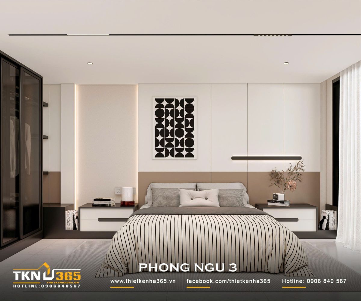 Nhà phố 3 tầng 4,1x14,5m ở Hóc Môn - Gói ghém những mong muốn giản dị trong một mái nhà 15 Phòng ngủ 3 nhà phố 3 tầng sử dụng mảng tường đầu giường sáng màu, kết hợp đèn tuyến tính và tủ đầu giường cân đối để tạo cảm giác ấm áp