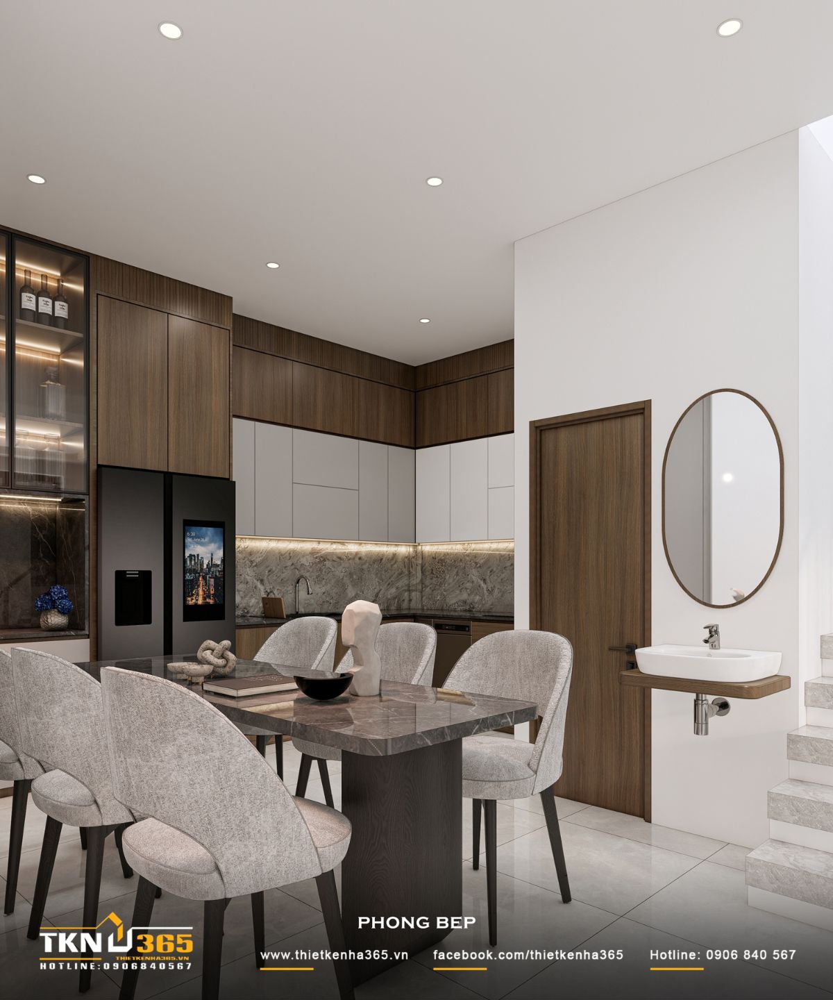 Nhà phố 3 tầng B’S House giữ sự riêng tư trong từng khoảng mở 15 Bếp ăn nhà phố 3 tầng kết hợp bàn ăn mặt đá tối màu, ghế bọc vải xám và hệ tủ bếp gỗ nâu, tạo cảm giác ấm cúng, hiện đại