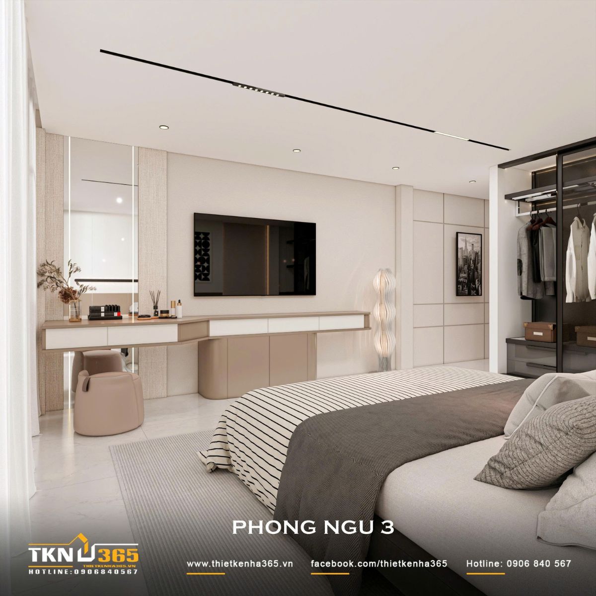 Nhà phố 3 tầng 4,1x14,5m ở Hóc Môn - Gói ghém những mong muốn giản dị trong một mái nhà 16 Khu vực TV và bàn trang điểm trong phòng ngủ nhà phố 3 tầng được thiết kế liền mạch, kết hợp kệ dài và chi tiết bo cong mềm mại