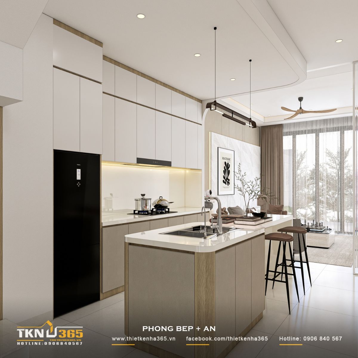 Khu bếp ăn nhà phố 3 tầng kết hợp hệ tủ chữ I và đảo bếp đa năng, tạo sự kết nối liền mạch với phòng khách phía trước