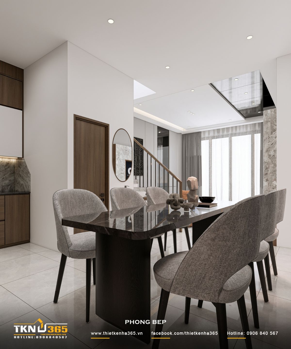Nhà phố 3 tầng B’S House giữ sự riêng tư trong từng khoảng mở 16 Bàn ăn sáu ghế được bố trí giữa khu bếp và phòng khách, giúp không gian sinh hoạt tầng trệt nhà phố 3 tầng duy trì sự liên thông, thoáng đãng