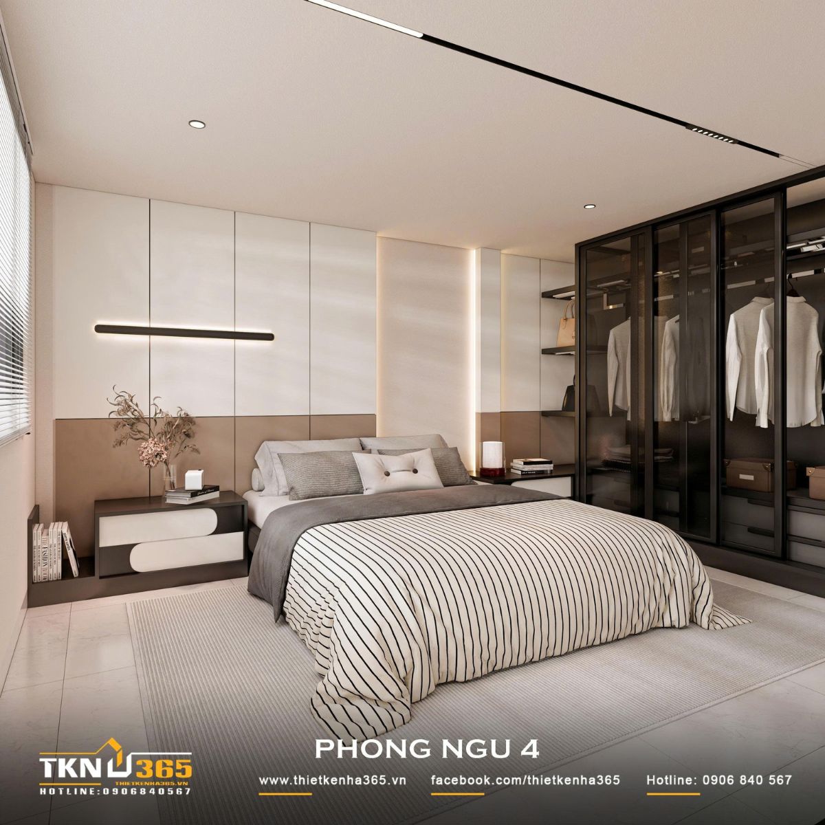 Nhà phố 3 tầng 4,1x14,5m ở Hóc Môn - Gói ghém những mong muốn giản dị trong một mái nhà 17 Phòng ngủ 4 nhà phố 3 tầng kết hợp giường ngủ rộng, hệ tủ kính tối màu và bảng màu trung tính, tạo không gian nghỉ ngơi hiện đại, thoải mái